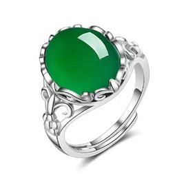 925 Sterling Silver Oval Green Agate Emerald Ring Retro Inlaid Chalcedony Engagement Ring Anniversary Ring Wedding Party Statement Cocktails Ring Hollowed Out Totem Open Ring for Woman