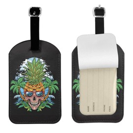 Pineapple Skull Leather Luggage Tags for Travel Baggage Bag Name Id Labels with Privacy Cover for Suitcase 2 Pack
