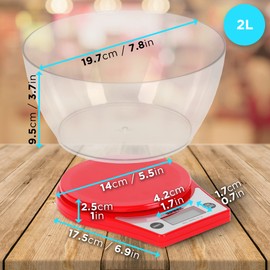 Duronic KS6000 RD Kitchen Scales 5 kg Capacity | Precision to 1 g | 2 Litre Bowl Included | Large Backlit Display | TARE Weight Adding Function | Ideal for Baking | Red