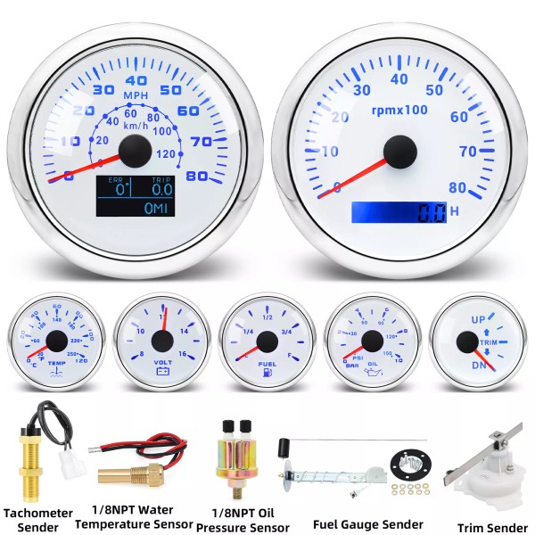 MAIMEIMI 7 Gauge Set 85mm GPS Speedometer&Tacho&52mm Fuel/Temp/Oil/Volt/Trim for Car