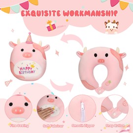 Children's Neck Pillow, 2 in 1, Neck Pillow, Malleable Neck Pillow, Strawberry Cow Plush Toy, Cuddly Toy, Cow Travel Pillow Children for Plane, Car, Nap, Reading, Birthday Plush Toy