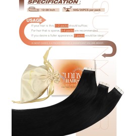 Sunny Hair Tape in Hair Extensions Human Hair Invisible Tape in Real Hair Extensions Straight Remy Human Hair Extensions for Women 20Pcs 26inch Jet Black