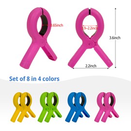 Beach Towel Clips for Beach Chair Jumbo Size Towel Clips Heavy Duty Clothes Pins Plastic Clothespins for Laundry Towel Clothes 8 Pcs 4 Colors (Small 3.7 Inch)