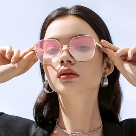 LumiSyne Women's Oversized Rimless Sunglasses, Hexagon Diamond-Cut Lenses, Metal Frame, Clear, Gradient Glasses, UV400 Protection, Sunburn Protection, Small Face Effect, Date Glasses, Travel,