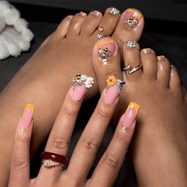 IMRAIN 48Pcs Square Press on Nails Short Fake Toe Nails & Medium False Nails with Gold Bee Charms & Diamond Design Sparkly Orange French Tips Artificial Full Cover Glossy Glue on Nails