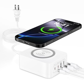 USB Charger, 4 Ports, Total 60 W, PD Charger, Type C Charger, Wireless Charging Included [PD30W & QC3.0 Compatible, 5 Devices Simultaneous Charging/Stand Function] USB-C x 2 & USB-A x 2 AC Adapter,