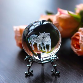 ZEERSHEE 60mm Wolf Crystal Decor Ball with Stand 3D Glass Laser Engraved Wolf Gifts for Wolf Lovers Decorative Glass Wolves Sphere Figurine for Home Office Paperweight Wolves Gifts