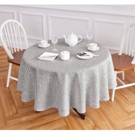 Solino Home Stripe Linen Round Tablecloth - 100% Pure Linen Black and White Tablecloth 70 Inch Diameter for Spring, Mothers Day, Easter Decorations - Handcrafted and Machine Washable - Narrow Stripe