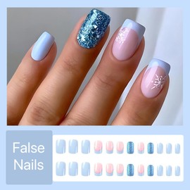 Christmas Press on Nails Medium Square Fake Nails Blue French False Nails with Christmas Snowflake Design Glitter Glue on Nails Full Cover Stick on Nails Xmas Acrylic Nails for Women Manicure 24Pcs