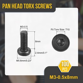 DTGN M3x8mm Pan Head Torx Security Screw - 100Pack - Good for Machinery - Carbon Steel Button Head Torx Bolt Star Drive Security Fasteners - Black