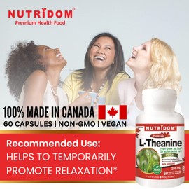 Nutridom Pure L-Theanine 250mg from Decaf Green Tea Leaf, 60 Vegan Capsules, Non-GMO, Relaxation, Stress, Mood & Focus Support without Drowsiness, Product of Canada