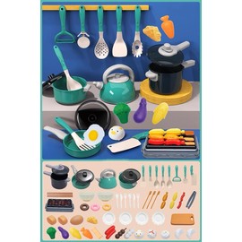 61 Piece Mini Play Kitchen Accessories for Kids, Pretend Cooking Playset with Pots, Pans, Utensils, Cutting Fun Fruits & Veggies, Learning Gift for Toddlers, Girls & Boys (Green)