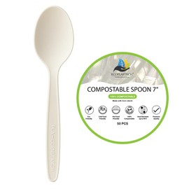 EcoPlastech 7" Compostable Cutlery Utensil – 50 Pack | Heavy-Duty Disposable Cutlery | Certified Plant-Based PLA | Eco-Friendly Alternative to Plastic Utensils (Spoon 50-Pack)