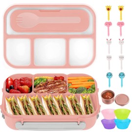 Bento Box, Fiambrera Lonchera para Adultos Niñas y Niño, Caja de Almuerzo de Estudiante, 1300 ml-4 Compartimentos, con Púas de Alimentos,Tazas para Tartas (ROSA)