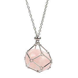 Crystal Stone Holder Necklace，Adjustable Crystal Holder for Stones Crystal Holder Necklace Cage，Crystal Necklace Holder for Women Men Gifts (Silver-Pink Crystal)