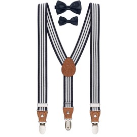 BomGuard Boys Braces Bow Tie Set for Height 140 cm - 175 cm Teenagers Children Approx. 12-17 Years, Midnight Blue Striped + Bow Tie Midnight Blue