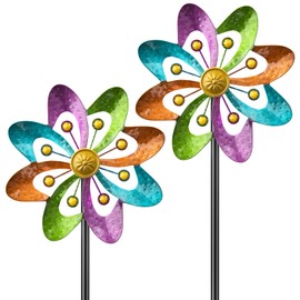 SHUONIVS Metal Wind Spinners Outdoor, 360° Wind Sculpture Spinner with Metal Stake, Waterproof Spinners Green Kinetic Wind Spinner for Yard Lawn Decor (A- Colourful 2PC)