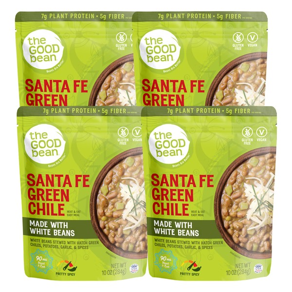 The Good Bean Heat and Eat Pouch - Santa Fe Green Chile - (4 Pack) 10 oz Pouch - Stewed White Beans with Hatch Green Chiles - Pre-Cooked Beans with Good Source of Plant Protein and Fiber