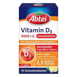 Abtei Vitamin D3 3000 IU - Supports Immune System and Bones - Laboratory Tested, Gluten-Free, Lactose-free and Vegetarian - 75 Melting Tablets with Lemon Flavour