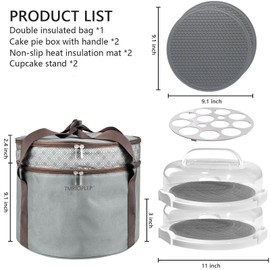 Tmrioplep 2 Pack Pie Containers with Lids and Handles, Loadable Cupcake or Pizza Storage Containers, Includes Insulated Bags and Insulated Non-Slip Pads, Perfect for Transportation (Grey)