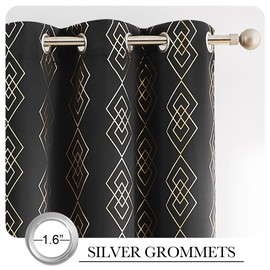 UGOUTRY 100% Blackout Curtains for Berdoom, Gold on Black Metallic Geometric Diamond Pattern Curtains 63 Inches Long Living Room Darkening Thermal Insulated Drapes Grommet Top Window Curtain, 2 Panels