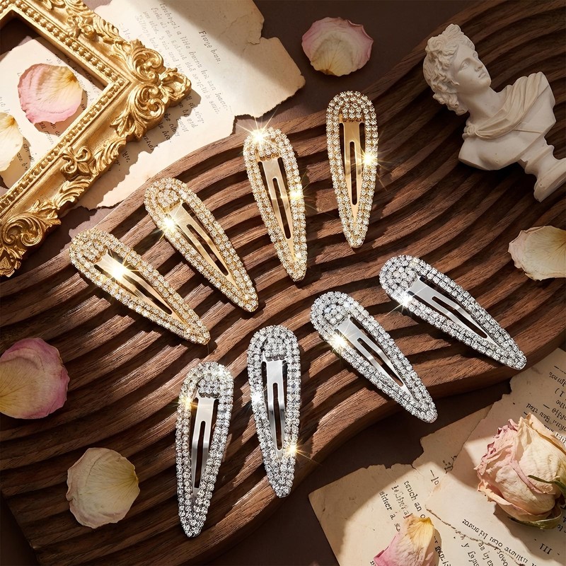 8Pcs Rhinestone Hair Clips, Crystal Hair Barrettes Bling Metal Snap