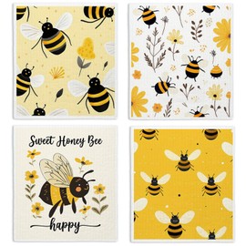 LARTSFRO Bee Flower Yellow Swedish Dishcloths for Kitchen, Swedish Dish Cloths for Bee Happy, Papaya Reusable Paper Towels, 4 Pack Dish Towels for Kitchen, Reusable Paper Towels Washable