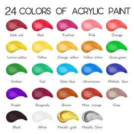 HissiCo 42PCS Acrylic Paint Set of 24 Colors 2fl oz 60ml Bottles with 12 Brushes and 6 Paint Knives,Non Toxic 24 Colors Acrylic Paint No Fading Rich Pigment for Kids Adults Artists Canvas Crafts Wood