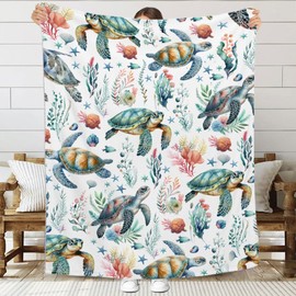JL-JOYLIVELY Sea Turtle Blanket Sea Turtle Gifts for Women, Ocean Sea Turtle Decor Throw Blanket for Travel Picnic Camping, Floral Sea Turtle Gifts for Turtle Lovers,50"x60"-Teens/Travel Size