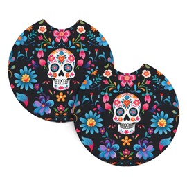 keluki 2PCS Car Cup Holder Coasters,Mexican Sugar Skulls Flowers Print Car Coasters, Anti Slip Rubber Car Cup Mat with A Finger Notch for Women Men 2.7 in
