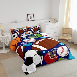 jejeloiu Kids Sports Comforter Set Football Basketball Tennis Baseball Bedding Boys Teens Sports Comforter with 2 Pillowcases(Full)