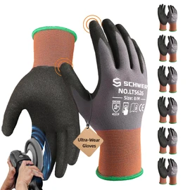 Schwer Lite Sandy Nitrile Coated Work Gloves LT5626, Work Gloves with Grip Touch Screen Compatible for General Purposes Automotive Electronic Assembly, Grey, M, 6 Pairs