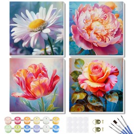 GHHKUD Paint by Numbers Adults, Children and Beginners, Set of 4 Paint by Numbers Night with Crease-Free Canvas, Brush and Acrylic Paint, Flowers Hand Painted Oil Painting Kit as a Gift, 20 x 20 cm