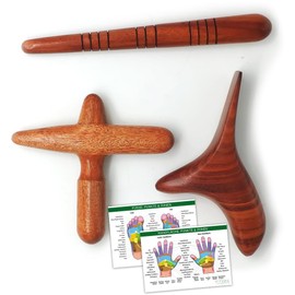 KITAMA Thai Massage-Holz Set (5 Teile): Massage Stäbchen + Kreuz + Vogel als Massagehilfe Massagewerkzeug und 2 DIN A4 Plakate Selbst-Massage Triggerpunkte