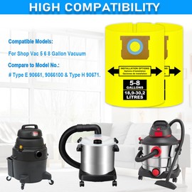 5-8 Gallon Bags for Shop Vac 5, 6, 8 Gallon, 90661, 90671, Type E, Type H, VF2004, VHBS, VDBS, 9066100, 9066133, 9067100 Vacuums, High-Efficiency Disposable Collection Filter Bag, Double Layer, 6 pack