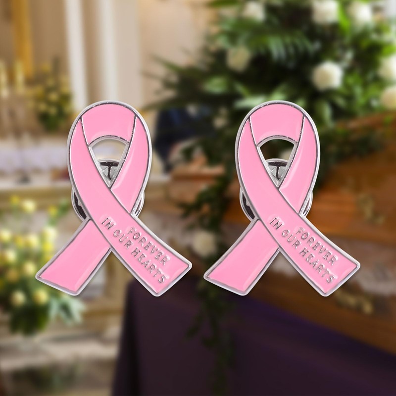 WANDIC 50 Pcs Pink Ribbon Metal Pins, Memorial Ribbon Alloy