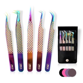 Image Lash Tweezers Set, 5 Pcs Stainless Steel Tweezer Set With Leather Case, Professional Eyelash Tweezers For Extensions With Titanium Coated Tips, Eyelash Extension Tweezers (Multi-Color)