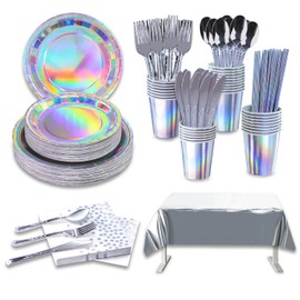 201 Pieces Disposable Party Dinnerware Set -Iridescent Paper Plates Napkins Cups Tubes Silver Plastic Forks Knives Spoons and tablecloth serve for 25 Guests