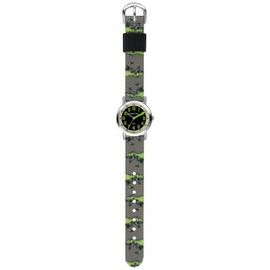 JACQUES FAREL Children's watch, learning watch, boys, analogue quartz with fabric strap, textile strap, dinosaur, T-Rex, grey, black, green, KPS 605, gray, Strap.