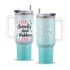 Uibunoo Nurse Gifts, 40 Oz Coffee Sciubs and Rubber Gloves Tumbler with Handle & Straw, Nursing Gift, Birthday Present for Healthcare Worker, Nurse Green Leopard Tumbler, Gifts for Mothers Day