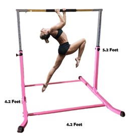 Athletic Bar Expandable Gymnastics Kip Bar Horizontal Bar Professional Junior Gymnastic Training High Bar Asymmetric Bar 13 Level Height Adjustable 3 to 5 FT Indoor Outdoor Use HD Curved Legs (Pink)