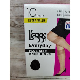 L'eggs 1 Box Leggs Everyday PLUS SIZE Knee Highs 10 PAIR Sheer Toe Jet Black NEW!