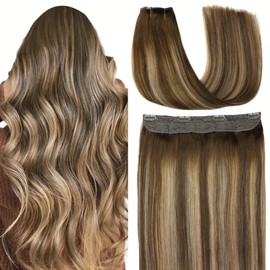 VINBAO Invisible Wire Hair Extensions, 85g 22in Balayage Fish Line Human Hair Extensions, Ombre Color Medium Brown Mix Honey Blonde with No Shedding (wire#4/27/4-22inch)