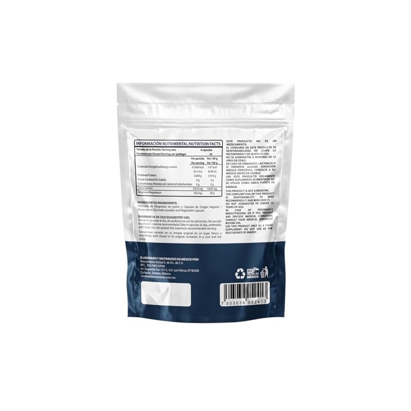 Wellthy Glicinato de Magnesio 120 Cápsulas. 432mg, 100% Natural, Alta