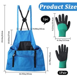 GORGECRAFT Gardening Apron Set Blue Cloth Water Washable Vegetable Harvesting Pouch Fruit Picking Bag with Quick Release Pocket Green Nylon Work Gloves for Garden Harvest Men Women