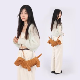 Apricot Lamb Dachshund Dachshund Dog Animal Shaped Plush Bag Plush Shoulder Bag Purse for Teenage Girls and Adults, Plush Toy Shoulder Bag in Animal Shape, Kids Fashion Handbags, 33 cm, light brown