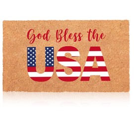 Blosssound Patriotic Natural Coir Door Mat 4th of July God Bless The USA Welcome Mat Non Slip Independence Day Doormat for Memorial Day Front Porch Indoor Outdoor Entryway Decoration, 16.5 x 29 Inch