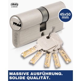 GERCAR Pro Profile Cylinder 45/50 Solid Double Cylinder Door Lock Nickel-Plated Brass with 5 Keys Reversible Key Length: 95 mm A:45 B:50-1x