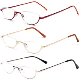 REAVEE 3 Pack Half Frame Retro Designer Alloy Reading Glasses Women Men Spring Hinge Half Moon Readers Stylish Slim Eyeglasses with Pouch,Red Gold Silver 2.25