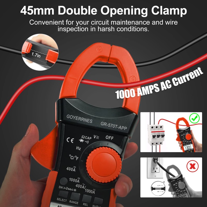 Digital Clamp Meter, TRMS 4000 Counts AC DC Amp Meter,GR-570T-APP